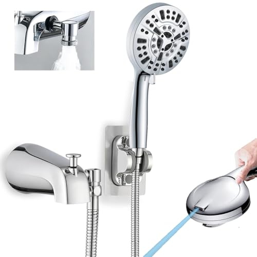 AWAOVV Grifo de bañera de metal con 9 ajustes de pulverización, superficie cromada, con desviador integrado y adaptadores universales