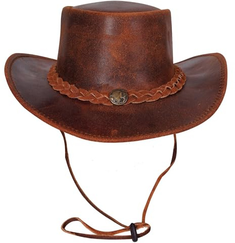URBAN 5884 Äkta läder cowboyhatt, herr/dam äkta kohud västerländsk hatt, formbar brätte och justerbar hakrem, kastanj, S