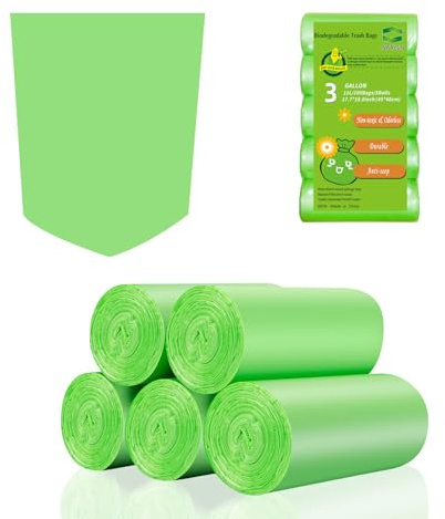 3 Gallon Biodegradable Trash Bags - Inwaysin Compostable Small Garbage Bag Strong Thick Unscented Recycling Kitchen Can Liners for Home/Office/Bathroom Waste Basket (Green, 100 Counts)