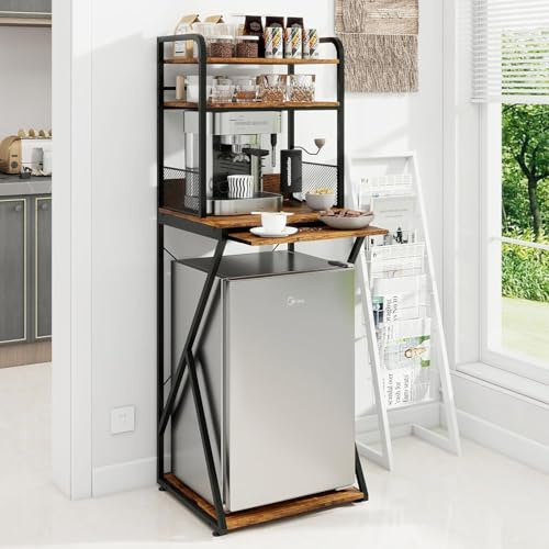 PUNCIA 4-Tier Mini Fridge Stand with Mini Fridge Space Coffee Bar Organiser | Coffee Station with Pull-Out Platform, Tall Refrigerator Cabinet & Microwave Shelf Bakers Rack for Kitchen Dorm Apartment