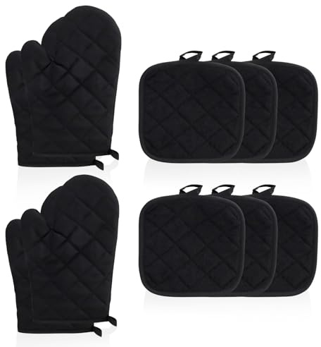 Lot de 2 paires de maniques et maniques en coton épais et 6 maniques avec boucles de suspension, lavables et antidérapantes, pour pâtisserie, micro-ondes, cuisinière