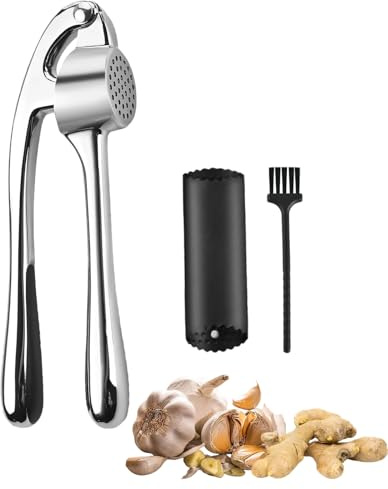 OYUUJII Garlic Press Set,Stainless Steel Garlic Mincer & Crusher | Silver Garlics Peeler Garlic Mincer Tool No Peel Needed Easy Squeeze,Crush Garlics & Ginger Effortlessly
