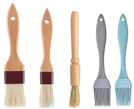 5 PCS Set Including 3 Wooden Food Brushs and 2 Silicone Pastry Brushes, Oil Brush for Cooking, Food Brushes for Cookings, Egg Brush for Pastry for Cooking Suitable for Grilling Pastry