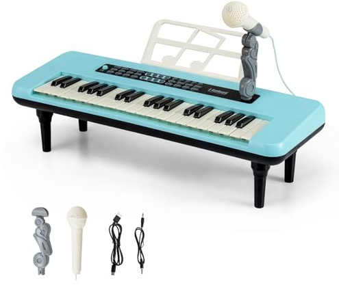 COSTWAY Tastiera Pianoforte per Bambini 37 Tasti, Giocattolo Musicale Portatile con Microfono e Leggio, Gambe Staccabili, Strumento Digitale Educativo per Bambini 3+ Anni (Blu)