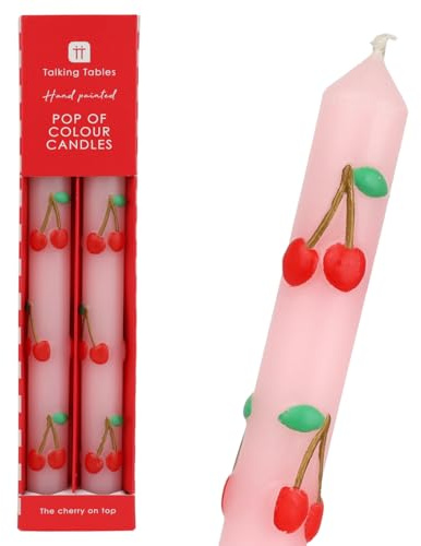 Talking Tables 2 x Cherry Dinner Candles Hand Painted Decorative Table Candles for Dinners Celebrations Home Styling Valentines Unscented Wax 5 Hr Burn with 3D Cherry Detail Statement Design 25cm