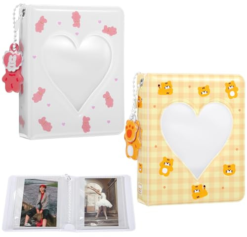 DOPENSPI 2 Pcs Mini Photo Album,3 Inch Heart Hollow Card Binder Cute Photocard Binder Book Portable Card Holder with Pendant 36 Pockets for Photo Collection