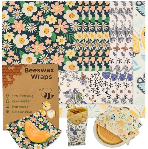 BAODBF 9er Set Bienenwachstücher aus Bio-Baumwolle, wiederverwendbare Frischhaltefolie, natürliche Wachsfolie in 3 Größen, nachhaltige Lebensmittelaufbewahrung, plastikfrei, für Brot,Käse,Obst,Lunch