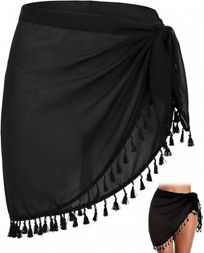 YIPFEN Pareo Corto Negro con Flecos, 1 Pza. Elegante Semitransparente Cubrebañador Mujer para Playa, Piscina y Vacaciones Estivales.