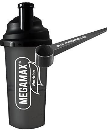 MEGAMAX Nutrition Shaker Schwarz 700 ml BPA frei mit Dosierlöffel für Protein Shakes, spülmaschinengeignet | für Eiweißshakes Krafttraining, Bodybuilding | Mixbecher mit Schraubverschluss