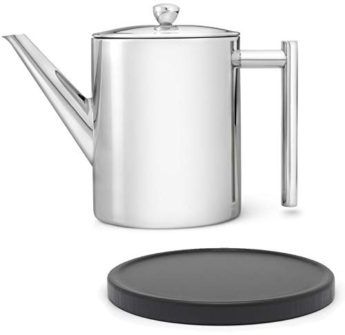 Bredemeijer hohe glänzende doppelwandige Edelstahl Teekanne 1.2 Liter & klassischer Teebereiter mit Tee-Filter Sieb-Einsatz für losen Tee & runder schwarzer Holzuntersetzer