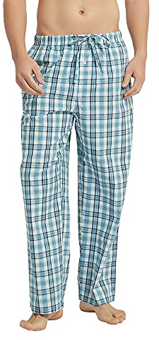 Vulcanodon Schlafanzughose Herren lang 100% Baumwolle karierte Pyjamahose lange Schlafhose Freizeithose Schlafanzug Hose (Wasserblau, L)