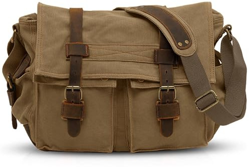 VARLIVOO Vintage Sacs bandoulière Homme Sac Messager pour Hommes Sacs pour Ordinateur Portable 14 Cartable Briefcase Travail L'école Toile Marron A