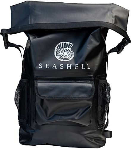 SEASHELL 25L Drybag Backpack - 100% Waterproof - Heavy Duty Roll-Top Closure - Cushioned Padded Back Panel (Black)