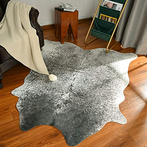 Rtizon Kuhfell-Teppich für Wohnzimmer, waschbarer Rindsleder-Teppich, kleine Kunsttierhaut, rutschfeste Kuhfell-Teppiche für Schlafzimmer, Büro, Küche, Eingangsbereich, 90 x 122 cm, Grau