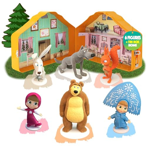 LUPPA Mascha und der Bär, Set mit 6 Spielzeugfiguren + Metallbox aus der Serie Mascha und der Bär