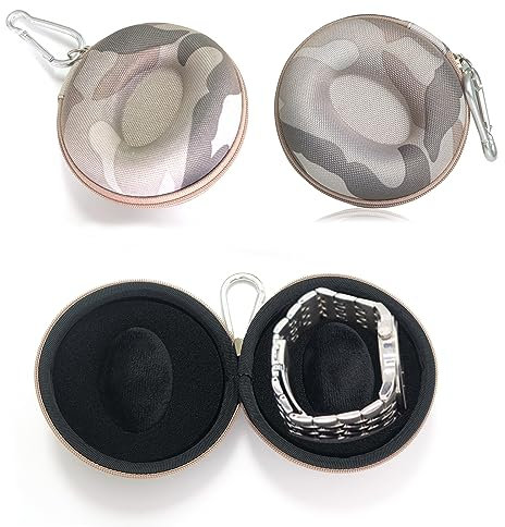 Vastsea 2 Pezzi Scatola per Orologi Rotonda Portatile, Custodia da Viaggio per Orologio Singolo, con Moschettone e Spugna, Applica a per Orologi da Polso(Mimetico)
