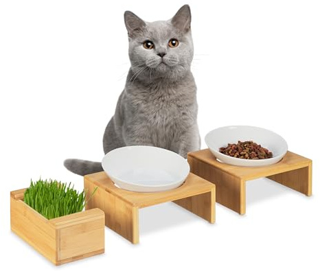 Relaxdays Set de Comedero Gatos con Cuenco de Hierba, 2 Platos de Cerámica de 350 ml, Soportes de Bambú, Natural/Blanco, 12 x 19 x 19 cm