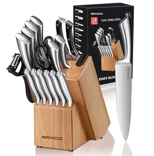 RAXCO Set di Coltelli da Cucina Professionale in Acciaio Inox, 18 Pezzi - Include Coltelli da Bistecca, Blocco Portacoltelli e Affilatoio