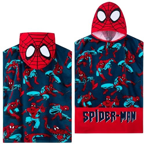 Marvel Spiderman Bath Towel with Hood for Kids Teenagers Absorbent Changing Robe Poncho Towel for Swimming Bath Shower Beach Towel Holiday Essentials (Red/Blue Spiderman, 6-9 Years)