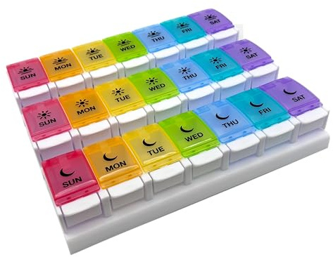 EZY DOSE Weekly (7-Day) Pill Case, Daily Medicine Planner, Vitamin Organizer Container, Large Push Button Compartments, Easy to Use, 3 Times a Day, Spring Open Design, Rainbow Lids, BPA Free