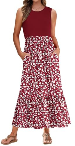 PLMOKEN Abito Lungo Estivo Casual da Donna Senza Maniche E con Scollo Rotondo Abito da Spiaggia con Tasche Laterali