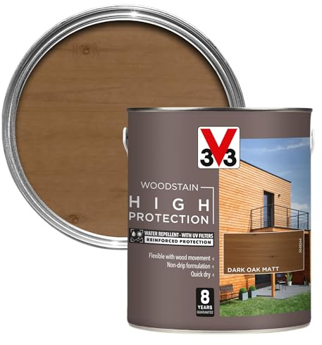 V33 High Protection Woodstain for Exterior Wood, Dark Oak Matt, 2.5L | 8-year guarantee, Water-repellent & microporous, Two-coat application, Quick-drying, Non-drip formula