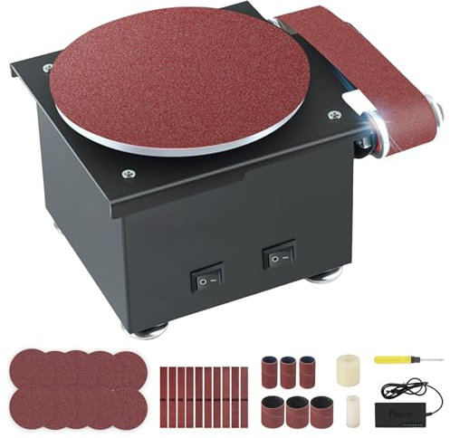 Band und Tellerschleifer, Elektrischer Bandschleifer Einstellbarer Geschwindigkeit, Durchmesser Schleiftellers 150mm, Bandschleifer Lieferung mit 10 Blatt Schleifpapier und 10 Schleifbändern
