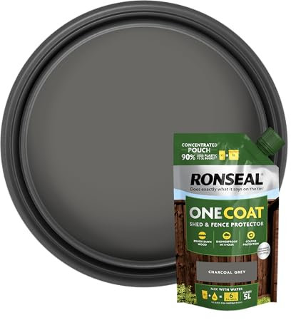 Ronseal One Coat Shed & Fence Refill Pouch Charcoal Grey 950ml Concerntrate - Mix with Water to Make 5 Litres of Paint for Effortless Coverage and Long-Lasting Protection
