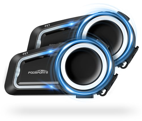 Fodsports FX7 Motorrad Headset V1.0, Bluetooth Mesh Intercom für bis zu 10 Motorräder, Dual-Chip für Audio-Multitasking, CVC und ENC Geräuschunterdrückung, IP67 Wasserdicht, 2PACK
