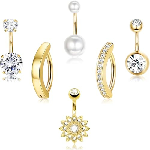 JOOTUEPO 6 barras de ombligo de oro para piercing, 14 g, joyería redonda de diamante para mujeres y niñas, 1.6mm, Acero inoxidable