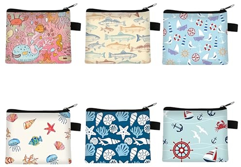 Syrvnto 6 Stück Mini Geldbörse Kleiner Geldbeutel Damen Niedliche Meerestier Motive Münztaschen mit Reißverschluss,Multifunktionale Kinder Portemonnaie für Kleingeld,Karten,Schlüssel,Kopfhörer