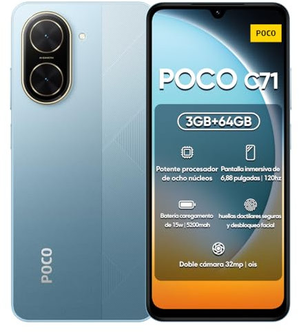 XIAOMI POCO C71 4G Smartphone 3GB+64GB Blue, UNISOC T7250 Octa-Core Processor, Immersive 6.88 120Hz display, Massive 5200mAh battery, Clear 32MP AI dual camera (UK Version + 2 Years Warranty)