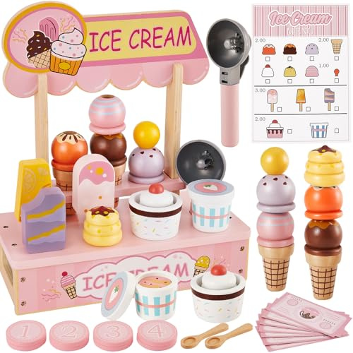 HERSITY Heladeria Juguete Madera Carrito de Helados, Accesorios de Cocina para Niños con Dinero de Menú, Juego Alimentos Juego de Roles para Niñas Niños 2 3 4 Años,Rosado