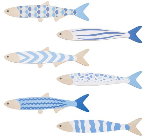 UNICRAFTALE 6 Pezzi Pesce di Legno Decorazione da Parete Spiaggia Arte della Costa Decorazione Nautica da Spiaggia Scultura di Pesce Blu Sculture di Pesce Appese Decorazione da Parete Per Casa Camera