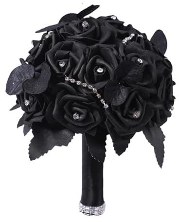 F Fityle artificiali, foglie nere, bouquet di fiori gotici da sposa per la decorazione di Halloween e in giardino, Nero