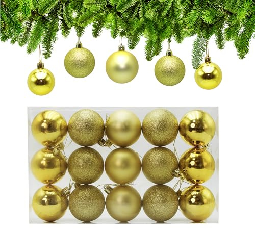 15tlg Weihnachtskugeln Gold ∅ 6cm, Christbaumkugeln Gold, Weihnachtsbaumschmuck Plastik, Christbaumschmuck mit Aufhängeband, Weihnachtsbaum Deko für Drinnen&Draußen (Matt/Glänzend/Glitzernd)