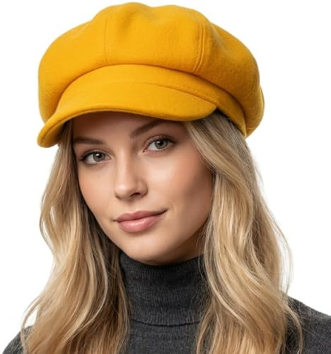 howkuhat Premium Beret Newsboy Cap Women Baker Boy Hat for Women Retro Wide Brim Adjustable Solid Color Winter Warm Womens Hats Painter's Hat (UK, Alpha, One Size, Mango Yellow)