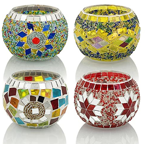Mosaik-Teelichthalter aus Glas 4er Set– Handgefertigter Türkisches & Marokkanisches Kerzenhalter, Boho Windlichthalter Ideal für Deko, Hochzeit, Diwali, Weihnachten & Geschenk