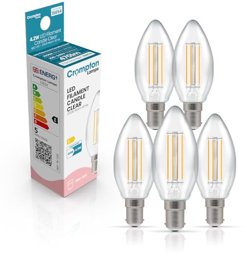 Crompton Lamps Filament Candle LED Light Bulb SBC-B15d | 4.2W = 40W Equivalent | Warm White 2700K | Energy Efficient | Small Bayonet Lightbulb | Long Life 15000-Hrs | Clear Glass | 5-Pack
