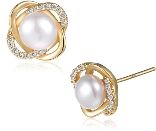 Pearl Earrings Studs 18K Gold Plated - Four Leaf Clover Design Pearl Stud Earrings for Women with Cubic Zirconia - Elegant Jewelry for Women