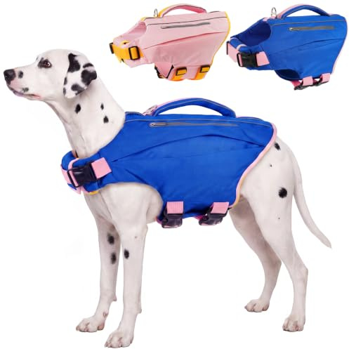Kuoser Giubbotto di salvataggio per cani, regolabile, con manico, per attività acquatiche e paddleboard, blu, 2XL
