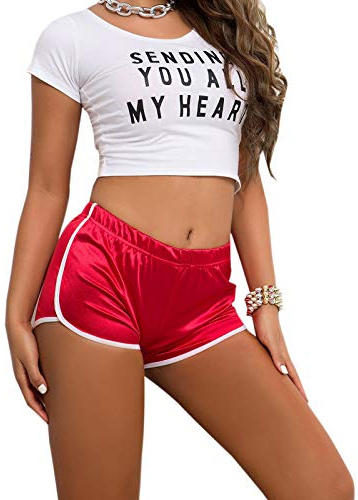 ZumZup Sexy Femmes Mini Shorts de Yoga en Satin Short De Sport Été Hot Legging Court Shorts Pantalon Collant Shorts de Gym Élastique Stretch Fitness Shorts de Plage Rouge Taille FR S(Asie L)