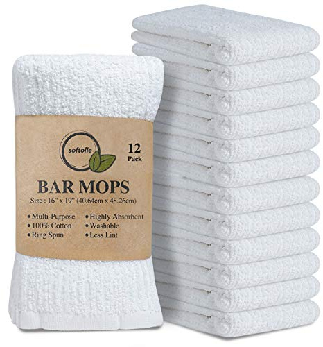 Softolle Bar Mop Towels, Pack of 12-16x19 Inches - 100% Cotton Super Absorbent Towels, Multi-Purpose for Home and Bar Cleaning (White)