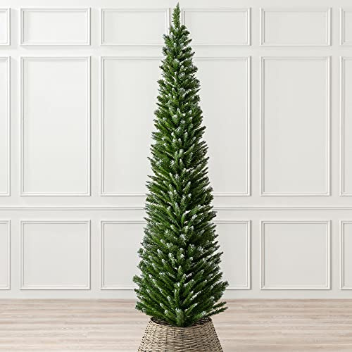 Christow Frosted Pencil Christmas Tree, 7ft | Artificial Slim Snow-Dusted Spruce, 401 Tips, Dual-Tone PVC Needles, Easy Assembly with Stand