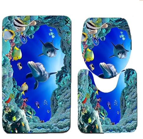 Smavles Badezimmer Set Vorleger 3 Teilig Badematten Waschbar Badvorleger Ozean Stil Unterwasserwelt Dolphin Carpe Wc Matte 3D Dolphin Print Badteppich Set