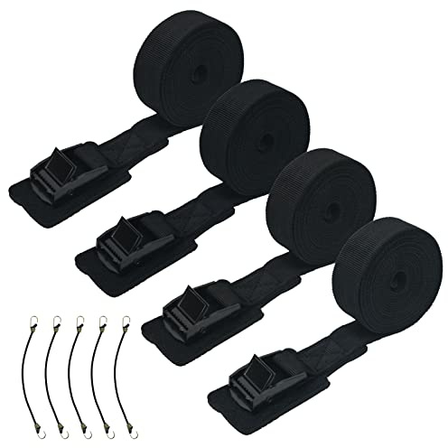4 correas tensoras de 2,5 cm x 2,5 m, correas de amarre con cierre de sujeción acolchado, capacidad de carga de 250 kg, incluye cinco gomas elásticas para portabicicletas, moto, coche, color negro