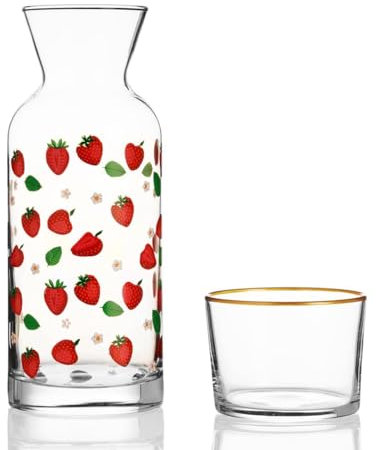 Wrenbury Strawberries Bedside Water Carafe with Glass Set - 700ml Mouthwash Decanter with Cup - Perfect for Nightstand or Bathroom - Strawberry Gifts