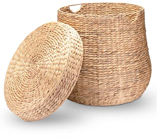 Decorasian Wäschekorb geflochten mit Deckel - groß und rund – großer Korb aus Wasserhyazinthe mit Henkel – Wäschesammler Rattan mit Griff - Aufbewahrung - 58cm