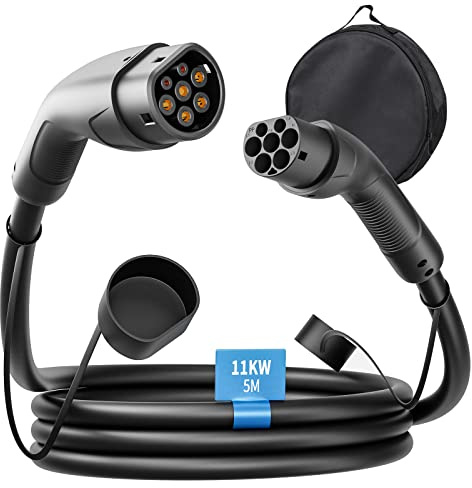 Rosaking Cable Recharge Voiture Electrique 11kW,Type 2 5M Câble de Recharge EV avec 3 Phases et IEC62196,16A Cable de Recharge Type 2 pour la Plupart des Véhicules E Hybrides et électriques