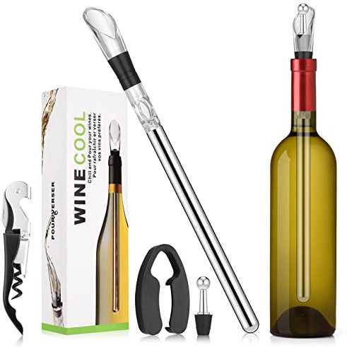 Zocipro Refrigeratore per Bottiglie Vino, Set 4 In 1 Asta Refrigerante per Bottiglie in Acciaio Inossidabile con Tappi, Apribottiglie e Tagliacarte, per Donna Uomo Festa Bar